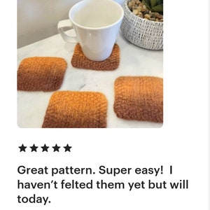 FELTED COASTER PATTERN, beginner knitting pattern, wool trivet, quick knit hostess gift, absorbent square wool coasters, table protector image 4
