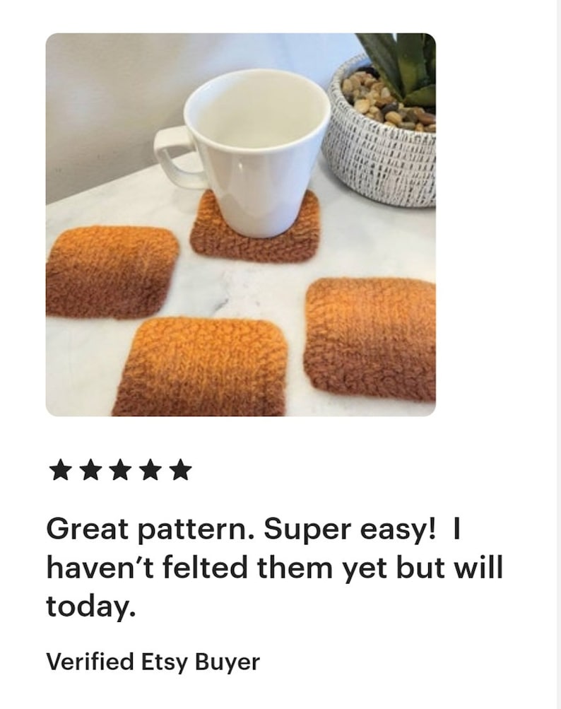 FELTED COASTER PATTERN, beginner knitting pattern, wool trivet, quick knit hostess gift, absorbent square wool coasters, table protector image 4