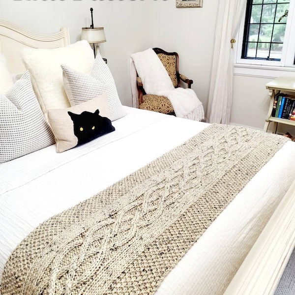 BED RUNNER KNITTING Pattern, super chunky bed scarf, easy beginner cable pattern, cream throw, chemin de lit, modern wedding gift