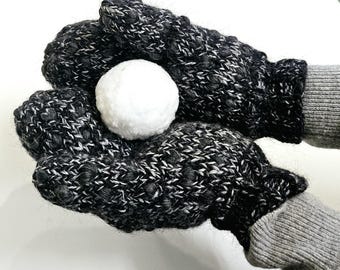 Hand Knit Wool Thrummed Mittens: Black Charcoal Fleece Lined Newfoundland Winter Gloves