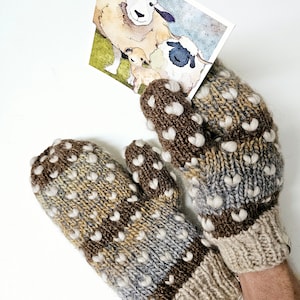 THRUMMED MITTENS, cream multi wool mittens, knit gifts, traditional Newfoundland mitts, lined gloves, handmade wool roving chunky knits