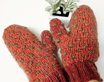 THRUMMED MITTENS, Newfoundland mitts, knitted gifts, handmade red insulated gloves, lined felt mittens, Shetland wool roving gloves