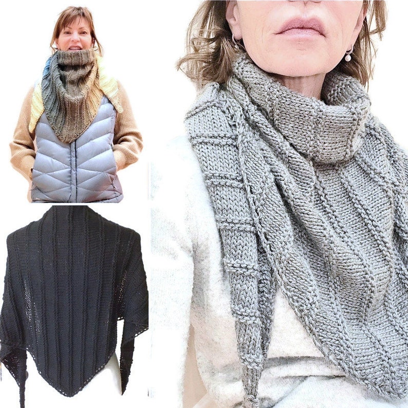 K&ouml;nnte beinhalten: Drei verschiedene gestrickte Dreieckst&uuml;cher in Grau, Schwarz und einem mehrfarbigen Farbverlauf. Die T&uuml;cher werden von zwei Personen getragen.