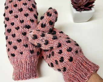 THRUMMED MITTENS, knit pink wool mittens, Newfoundland mitts, warmest lined gloves, wool roving, Valentine gift, self felting lined gloves