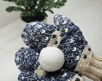 Thrummed Mittens; Hand Knit Blue and Cream Newfoundland Lined Wool Gloves
