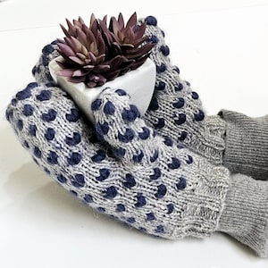 Hand Knit Thrummed Wool Mittens: Grey & Blue Roving, Women&#39;s Size