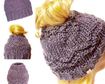 Knitted Messy Bun Hat Pattern: Chunky Beanie, Top Knot Cap (PDF Pattern)