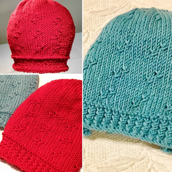 CHEMO HAT PATTERN, summer eyelet knit hat, chemo cap for summer, knit gift, easy quick knit cap, lightweight beanie, bike hat or ski helmet