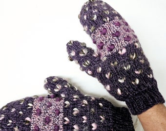 THRUMMED MITTENS, hand knit purple wool mittens, traditional Newfoundland mitts, warmest lined gloves, chunky wool roving self-felting mitts