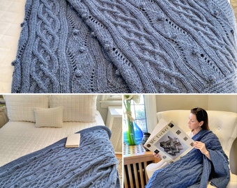 KNIT BLANKET PATTERN, cable throw, easy lace knitting pattern, oversized afghan, bed runner, bettlaufer, cascade yarn, gift for him or her
