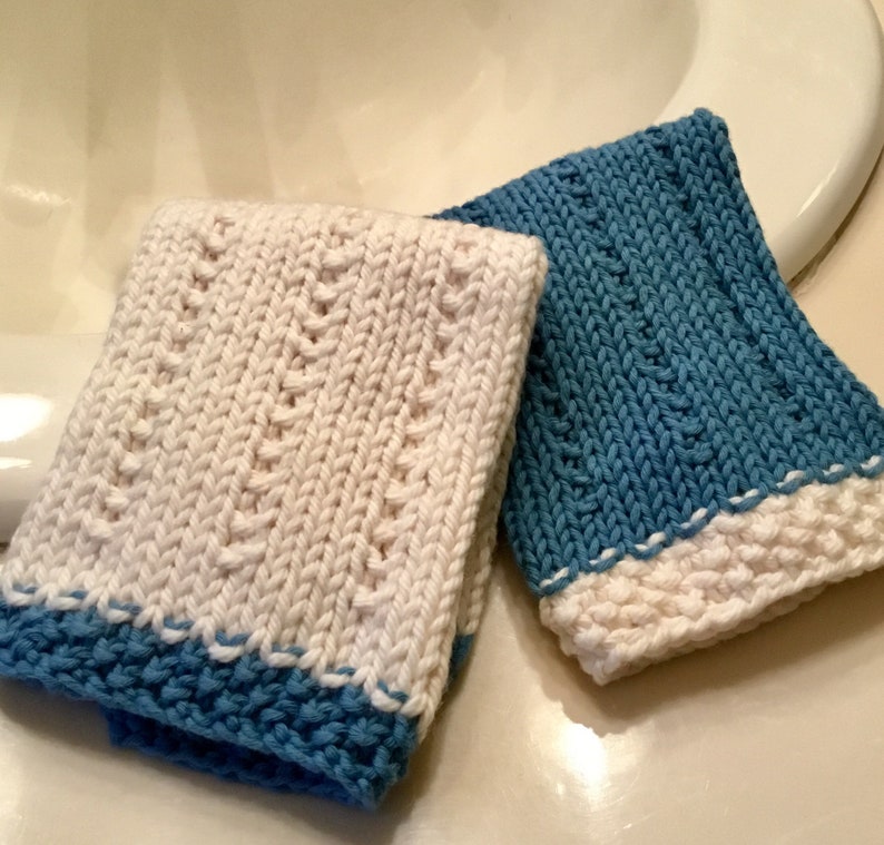 WASHCLOTH KNITTING PATTERN, easy beginner knit pattern, knit dishcloths, organic cotton spa facecloth, knits for bath, hostess gift idea image 1