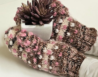 Hand Knit Thrummed Wool Mittens: Pink Brown Insulated Newfoundland Mitts