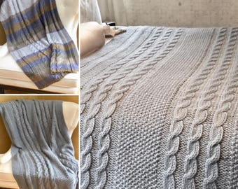 KNIT BLANKET PATTERN, easy beginner chunky cable afghan, knitted gift, super chunky throw, quick knit woodland blanket, wool bedspread