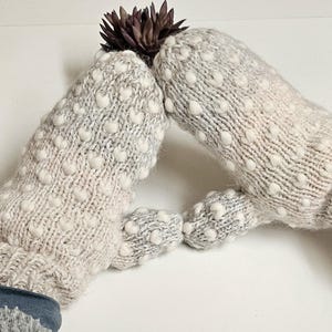 Hand Knit Thrummed Wool Mittens: Newfoundland Insulated Pink Cream Taupe Gloves
