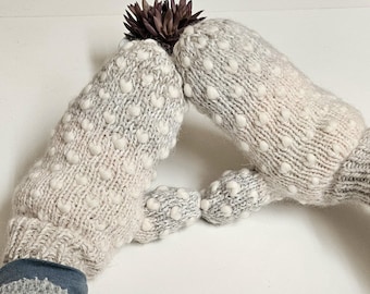 Hand Knit Thrummed Wool Mittens: Newfoundland Insulated Pink Cream Taupe Gloves