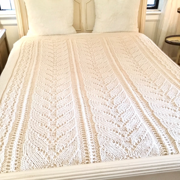 KNIT BLANKET PATTERN, beginner quick knit lace throw, easy knit afghan pattern, wool blend comforter, chunky knit throw, knit wedding gift