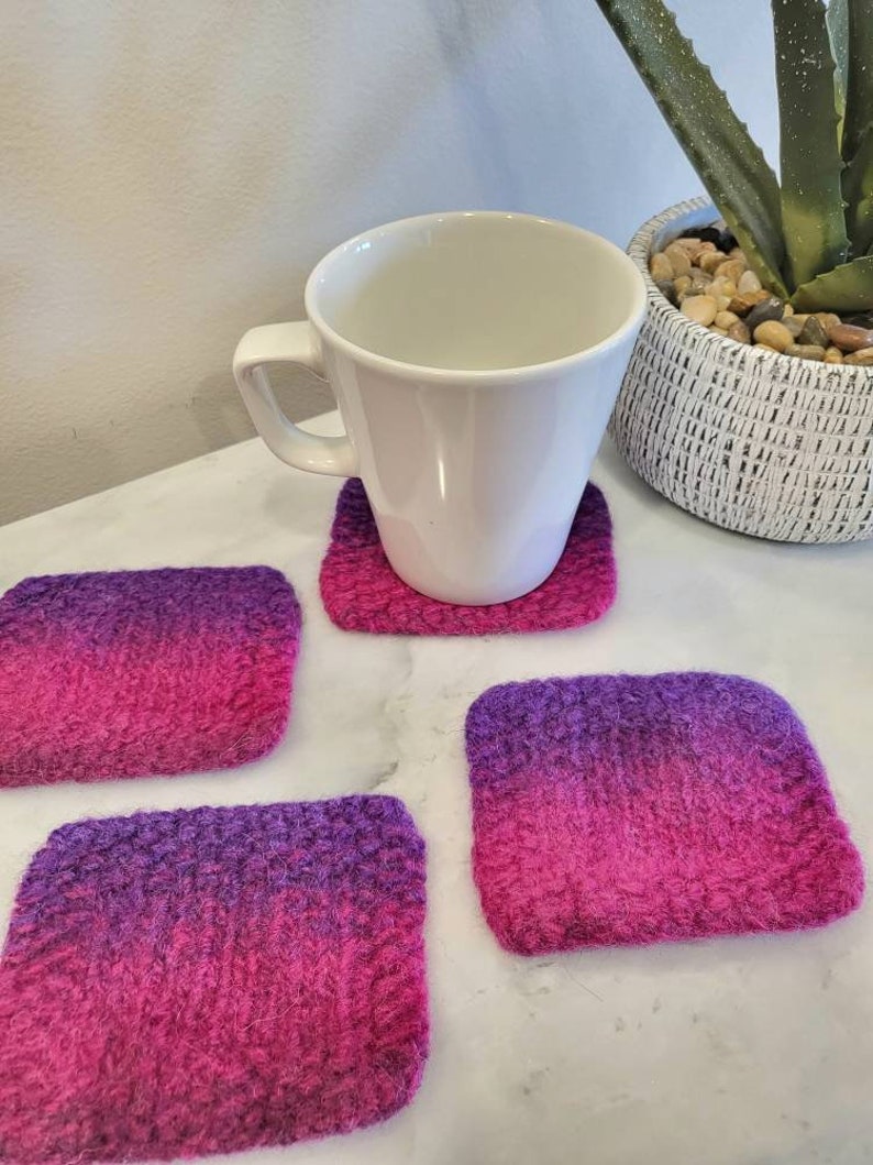 FELTED COASTER PATTERN, beginner knitting pattern, wool trivet, quick knit hostess gift, absorbent square wool coasters, table protector image 9