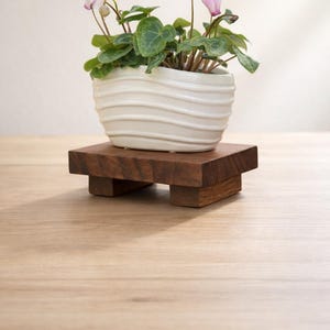 May include: A white ceramic planter with a wavy design holds a cyclamen plant with green leaves and pink flowers. The planter sits on a small, dark wooden plant stand. The stand is on a light-colored wooden surface.