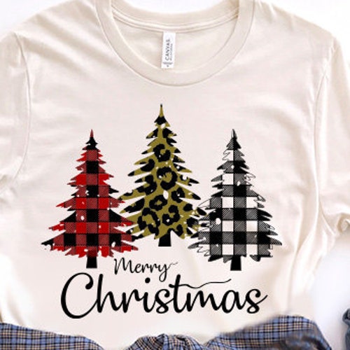 Women's Merry Christmas Shirt - Cute Leopard Plaid Trees Graphic Holiday Tee