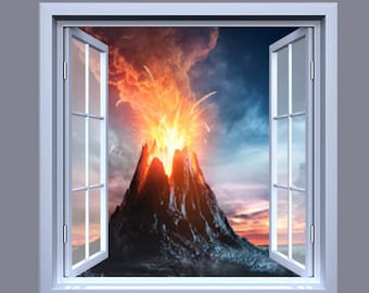 Open Window Wall Vinyl, Lava Volcano, Wall Decor, Wall Decal, Removable Vinyl