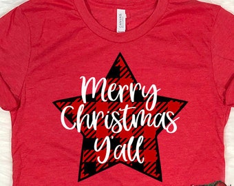 Star, Merry Christmas Yall, Red Plaid, Womens Christmas Shirt, Ladies, Shirt, Bella Canvas, Christmas Party