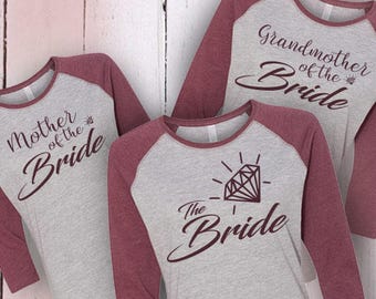 Las camisas de la novia combo, madre de la novia camisa, madre abuela novia mujeres Jersey camisa, novia camiseta, camiseta raglán, camisa de Burgandy