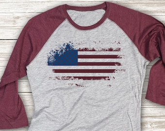 American Flag Shirt, Grunge, Cute T Shirt, Raglan Tee, Burgandy Shirt, Womens Jersey