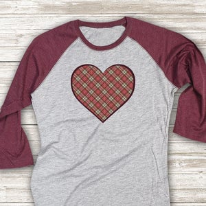 Plaid Heart Jersey, Womens Shirt, Cute T Shirt, Raglan Tee, Burgandy Shirt, Womens Plaid Jersey