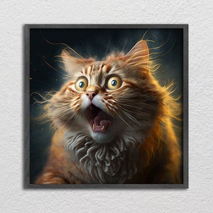 May include: A close-up of a ginger cat with wide, startled eyes and an open mouth, as if it is yelling. The cat's fur is fluffy and appears to be glowing with a golden light.