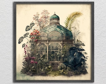 Invernadero botánico vintage, decoración de pared, póster, descarga digital