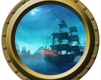 Ship On Ocean At Night Porthole Wall Vinyl Fabric High Quality