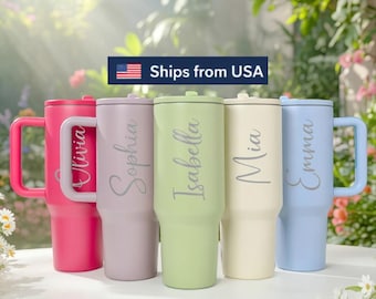 Custom 40oz Engraved Tumbler with Handle & Straw | Personalized Name or Logo | Bulk Orders Available | Gift-Ready Drinkware