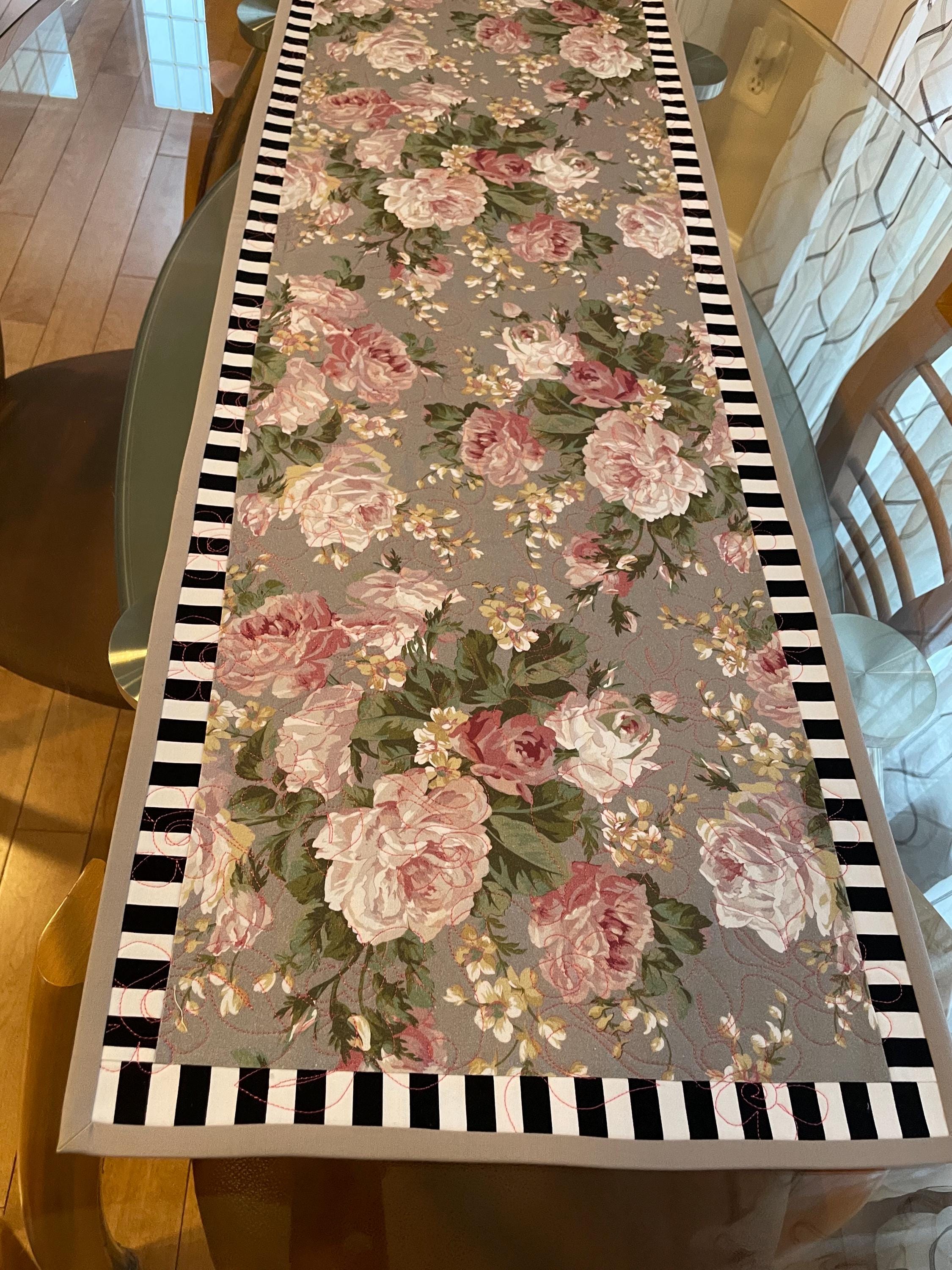 Designer Inspired 'Tudor Rose' Beige Quilted Table Runner, Floral, Handmade, Quilted. Mackenzie Childs Macaroon Dish Towel Gift w/Purchase