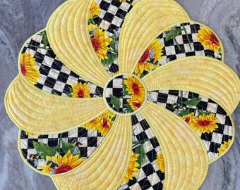 Handmade, Quilted Checkered Yellow Sunflower Round Scalloped Placemats-Free Mackenzie Childs Gift