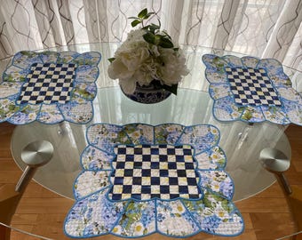 Scalloped Royal Check Hydrangea 2 sides Quilted Placemats, Authentic Mackenzie Childs Royal Check Fabric -Mackenzie Childs Gift w/purchase