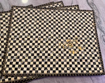Designer Inspired Checkered Queen Bee  Quilted and Embroidered Placemats-Free Mackenzie Child Gift