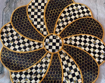 Handmade, Quilted Checkered Yellow Sunflower Round Scalloped Placemats-Free Mackenzie Childs Gift