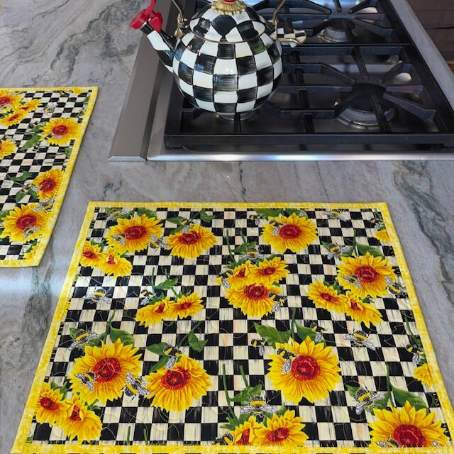 Sunflower Black white Checkered Quilted Placemats free Mackenzie Childs Gift With Purchase Set of 6 Etsy UK