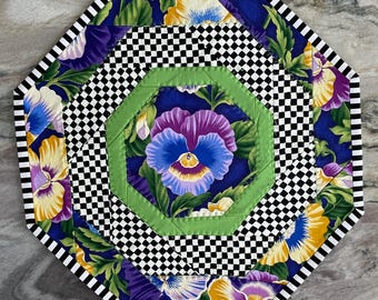 Designer Inspired Inspired Pansy/Check Print Octagon Table Topper, Floral, Handmade ,Quilted. Free Mackenzie Childs Gift w/Purchase