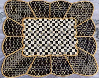 Designer Inspired Checkered Queen Bee Round Scalloped Placemats-Free Mackenzie Child Gift