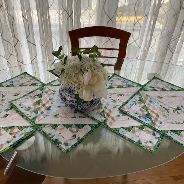 Unique Shape Quilted Hydrangea Magnolia Print Placemats Set of 4. Three option 1 set. Change to Table Topper, Table Runner, Centerpiece.