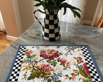 Designer Inspired Checkered Flower Market Black/White Quilted and Embroidered Placemats-Free Mackenzie Child Gift