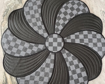 Handmade Scalloped Check Black/Gray Faux Leather Quilted Placemats- Mackenzie Childs GWP