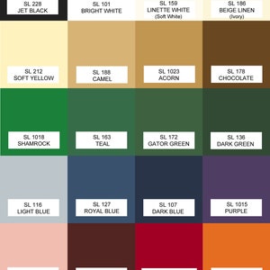 May include: A color chart with 18 different paint colors, each with a name and code. The colors include black, white, yellow, camel, acorn, chocolate, shamrock, teal, gator green, dark green, light blue, royal blue, dark blue, purple, pink, merlot, candy apple red, and deep orange.