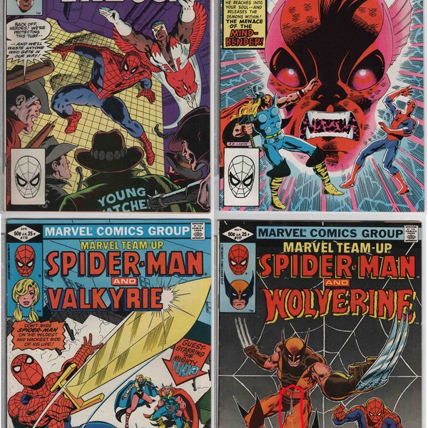 2594aa) Set of 4 Marvel Comics Team up Spider man and Falcon Thor Valkyrie Wolverine torn, One Good condition 3 Fine to Very Fine Cond. 7.0+