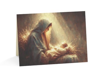 Baby Jesus and Virgin Mary Christian Christmas Cards, Bible Madonna and Child Nativity in Bethlehem AI oil painting Holiday Greeting Card