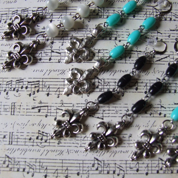 French Fleur di lis Rosary Drop Earrrings / Long New Orleans Fleur di lis Earrings / OOAK Repurposed Rosary Earrings / Vintage Style