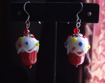 Large Lampwork Glass Cupcake Earrings /Lampwork Glass Bead Cupcake Earrings/Kitschy Dangle Glass Bead Earrings /Food Theme /Cute B-Day Gift!