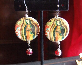 Our Lady of Guadeloupe Decoupage Crystal Dangle Statement Earrings / Virgin Mary Earrings / Catholic Jewelry / Spirtual Statement Earrings!