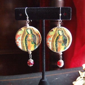 Our Lady of Guadeloupe Decoupage Crystal Dangle Statement Earrings / Virgin Mary Earrings / Catholic Jewelry / Spirtual Statement Earrings!